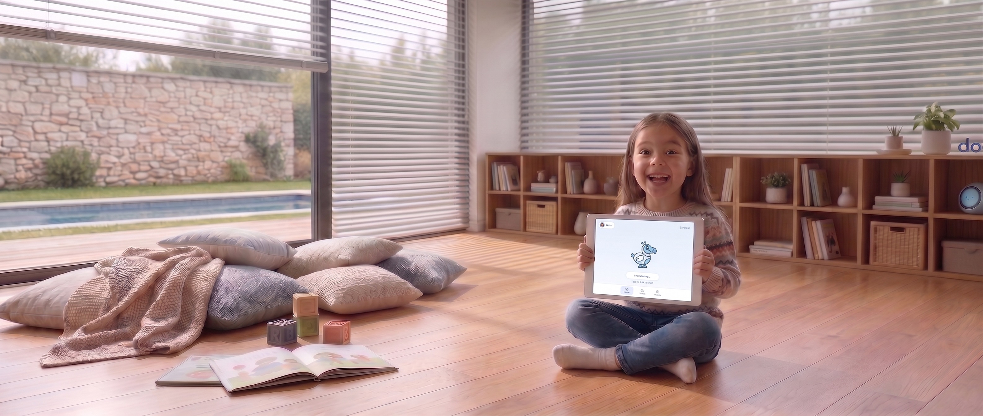 A smiling girl sitting cross-legged on a sunny living-room floor, holding up a tablet running dodi